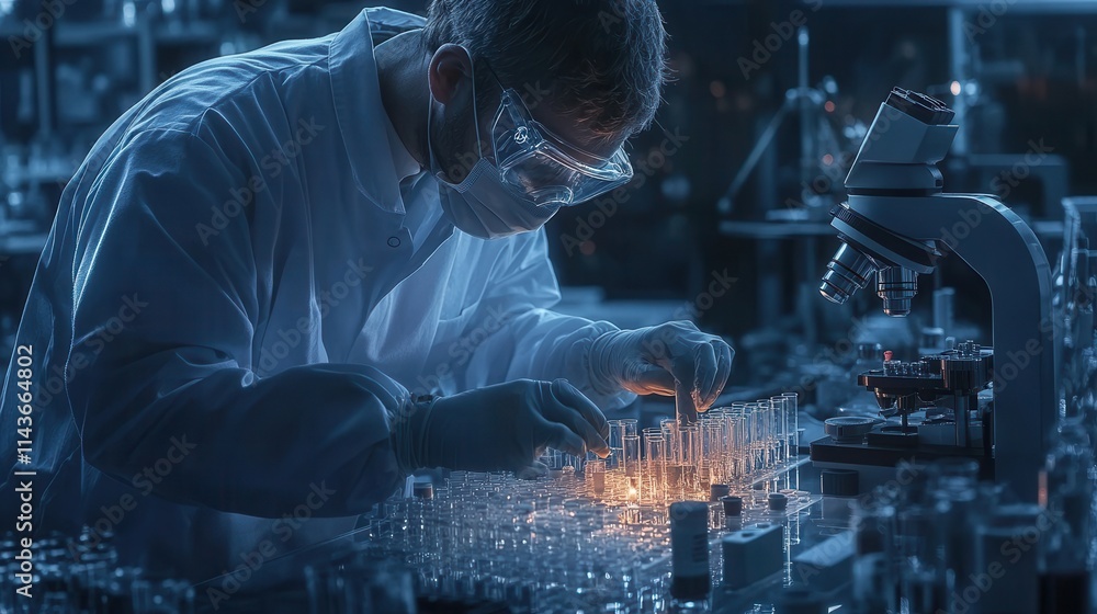 Poster A scientist in a lab examines test tubes under low light, focusing on precise measurements and observations with a microscope nearby.