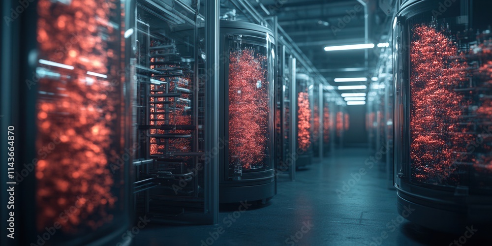Poster a futuristic corridor lined with illuminated storage units containing vibrant red elements, creating