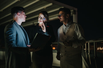 Business people gather outdoors at night for a meeting, discussing documents and ideas. Their focused expressions and nighttime setting create a dynamic atmosphere, emphasizing teamwork.
