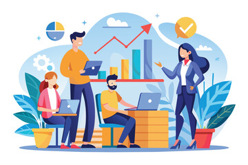 A group of office workers discuss strategies for business growth using laptops and digital tools together Office workers discussing business growth online, illustrated in a flat style.