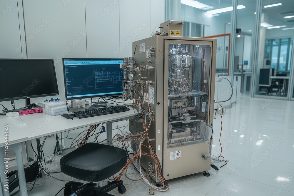Poster a modern laboratory setup featuring a sophisticated machine and computer workstation, highlighting t