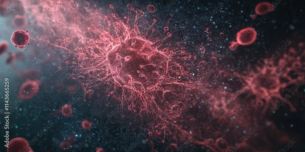 Poster A vivid depiction of a microscopic view showcasing red blood cells and intricate cellular structures in a dark, cosmic-like environment.