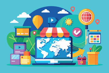 A vibrant illustration shows a laptop displaying a world map alongside e-commerce elements and icons Online business with a global marketplace and a flat illustration marketing strategy.