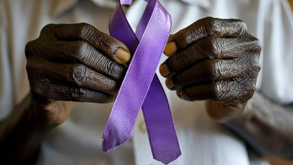 Hands carefully tie a purple ribbon symbolizing awareness for important causes in a warm and inviting setting - Powered by Adobe