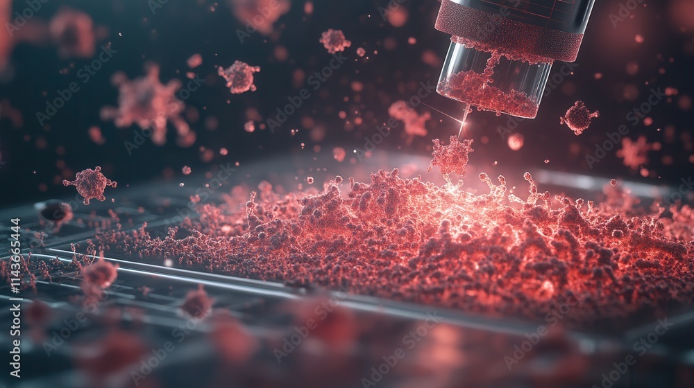 Poster A futuristic depiction of a microscopic scene featuring a device interacting with vibrant red particles, resembling cells or pathogens.