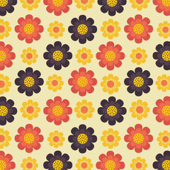 Seamless floral vector pattern with blue, yellow and brown flowers on grey background for fashion, clothing, textile, stationary, packaging and other print.