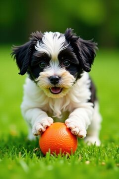 Black and white Shichon puppy playing with a ball on a green grass, playtime fun, black and white dog, cute puppy antics