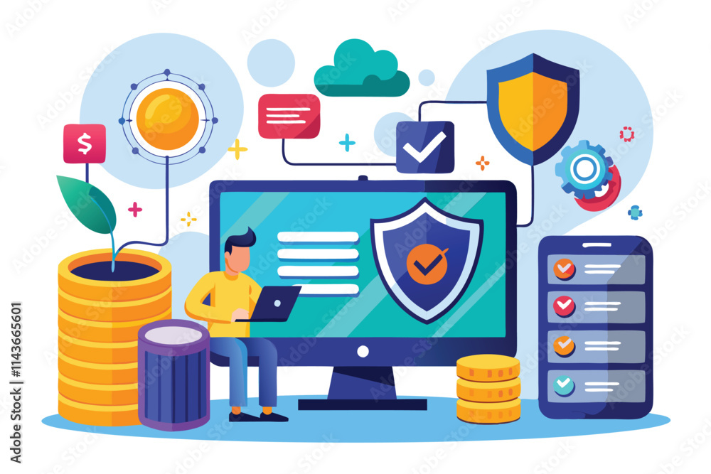 Poster a digital workspace illustrates online data security with sql technology, showcasing user interactio