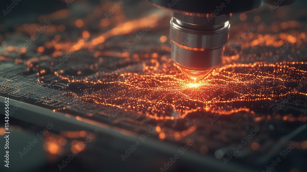 Poster A close-up view of a microscope focusing on a surface with glowing orange patterns, suggesting intricate details and technology.