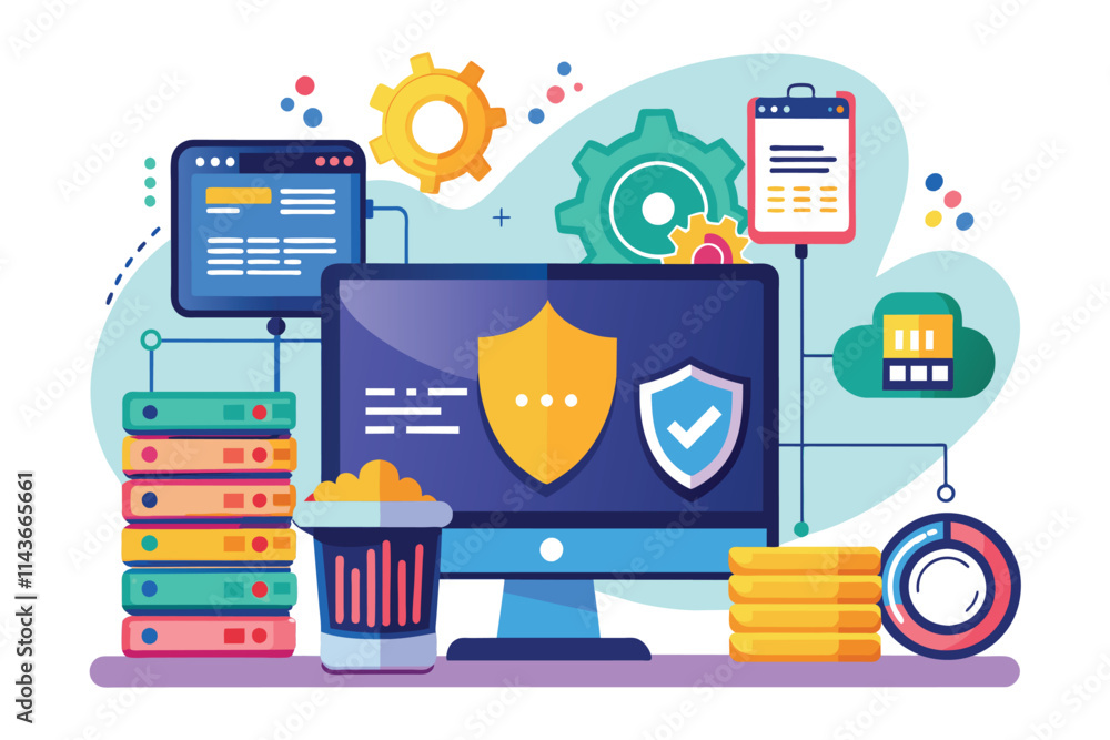 Poster the artwork features online data security elements alongside sql technology tools and graphics onlin