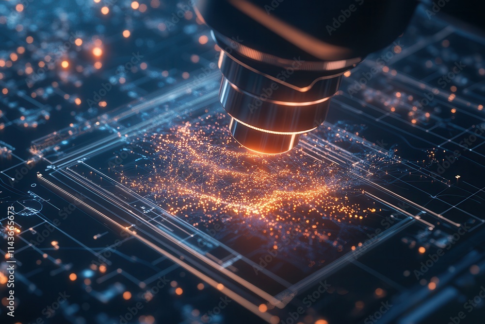 Poster a futuristic laser technology focusing on a microchip, emitting sparks and glowing particles, illust