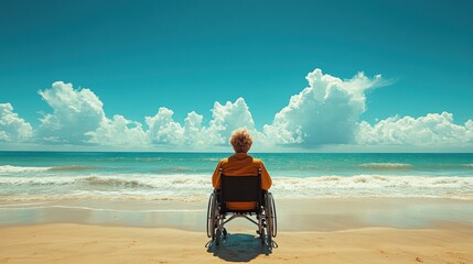 Fototapeta premium A person in a wheelchair gazes at the ocean, reflecting on life and nature's beauty.