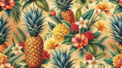 Fototapeta premium Vibrant Tropical Pineapple and Floral Paradise Seamless Pattern