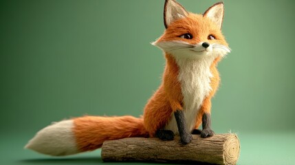 Fototapeta premium Adorable Woolen Fox on a Felt Log – Hyper-Realistic C4D Render