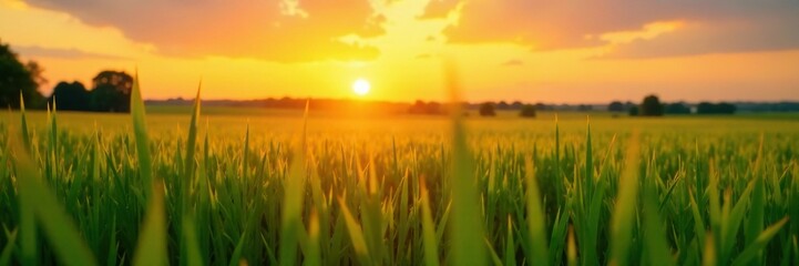 Bright orange sun peeking through a field of green grass, natural, countryside