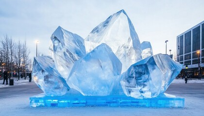 Obraz premium Large ice sculpture illuminating city square during winter festival