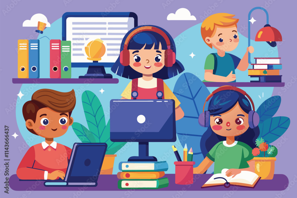 Poster kids actively participating in online learning while using computers and studying together at home o