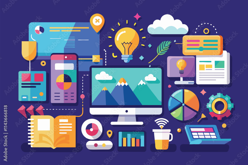 Poster a vibrant collection of digital tools and charts illustrating online learning resources on a desk on