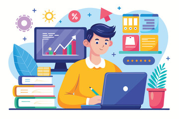 A dedicated student engages with math coursework on a laptop, surrounded by study materials and a monitor Online math student, flat illustration.