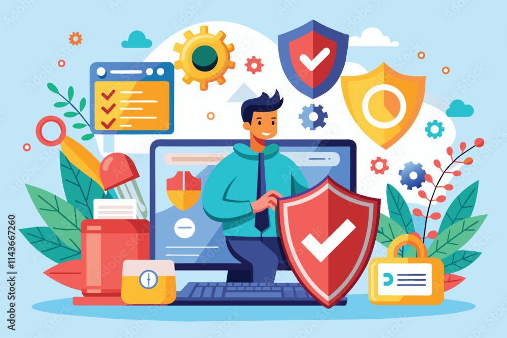 Poster a person engages in online security restoration using a computer, surrounded by shields and gears on