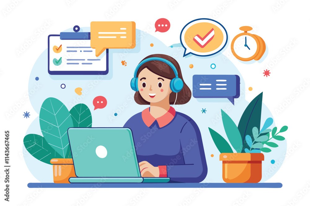 Poster a customer support agent engages in online chat while managing tasks with productivity tools and pla