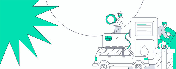 Vector Internet operation hand-drawn illustration of people getting discounts for refueling their cars
