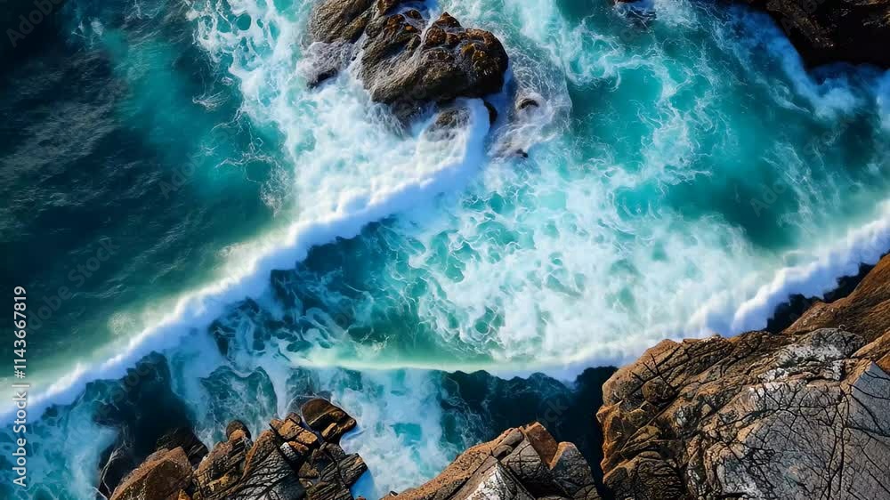 Poster Turquoise waves cascade over rugged rocks, creating a frothy display as they crash against the shore under bright daylight. The ocean's energy is captivating and fierce.
