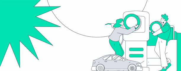 Vector Internet operation hand-drawn illustration of people getting discounts for refueling their cars
