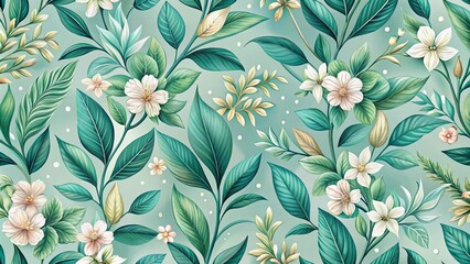 Elegant Teal Floral Botanical Print Design Featuring Delicate Blooms and Lush Greenery