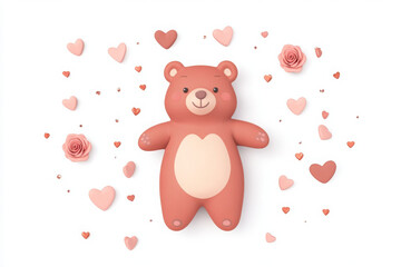 Fototapeta premium Cute bear surrounded by hearts and flowers, perfect for sweet design