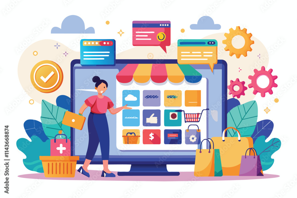 Poster a person engages with an online shopping website displaying various products and colorful icons onli
