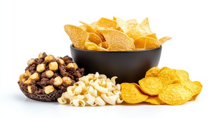 A colorful assortment of snacks including popcorn, tortilla chips, and chocolate-covered treats in a black bowl, perfect for sharing.