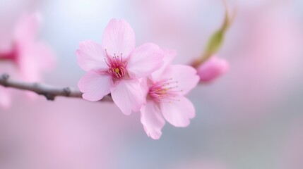 Fototapeta premium Delicate pink cherry blossoms bloom gracefully, showcasing nature's beauty against a soft, blurred background.