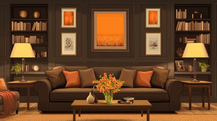 A cozy living room with a sofa, warm lighting, and decorative elements.