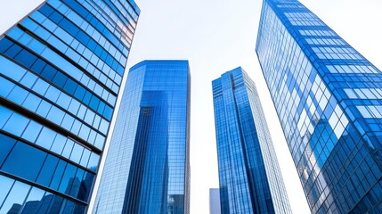 A view of modern skyscrapers with glass facades, reaching towards the blue sky, creating a striking urban skyline.