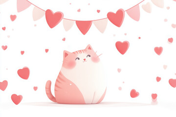 Cute cartoon cat surrounded by pink hearts and festive decorations