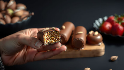 a chocolate with kadayif and pistachio spread. Generative AI