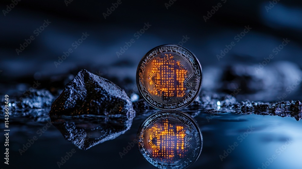 Poster illuminated digital coin display underwater environment photography abstract concept close-up viewpo