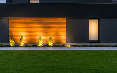 Modern exterior design features warm lighting and greenery in a contemporary setting