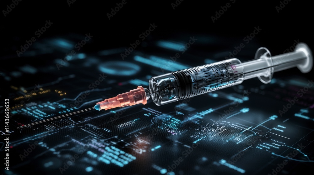 Poster Syringe close-up with data charts medical analysis digital environment futuristic viewpoint tech concept