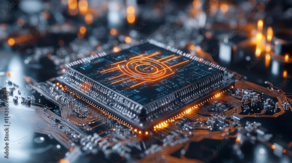 Poster Quantum chip closeup technology hub digital art minimal reflective surface studio environment innovation concept