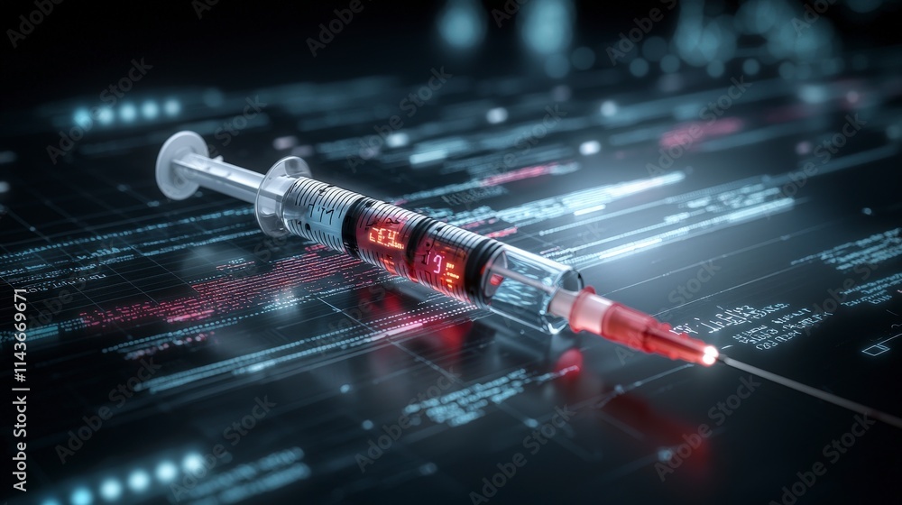 Poster syringe with data charts analyzing medical trends laboratory digital graphic scientific environment 
