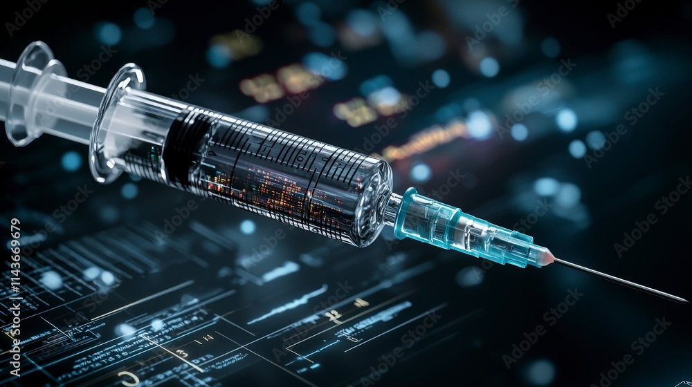 Poster Intricate closeup of a syringe with data charts laboratory medical analysis digital environment technical perspective