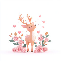 cute deer surrounded by pink roses and hearts, expressing joy and love