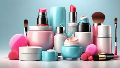 3D makeup cosmetic product set collection isolated on white. Colorful 3D moisturizing cream jar, makeup sponge, lipstick, cosmetic brush advertising scene. Beauty treatment cosmetic product 3d mockup.