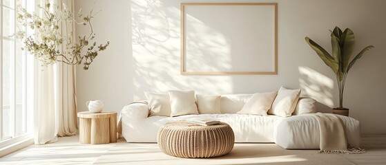 Beige living room with white walls, macrame curtains framing the window, pastelcolored minimalist decor for a cozy, modern home, AIgenerated interior scene