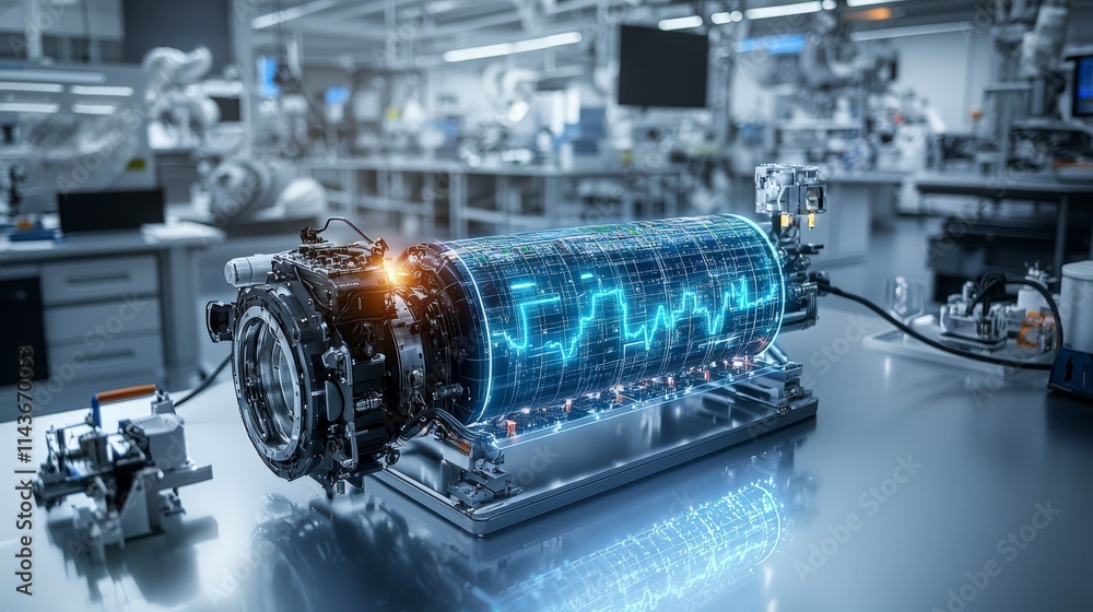 Poster testing a futuristic electric vehicle battery in a clean lab environment scientific innovation and a