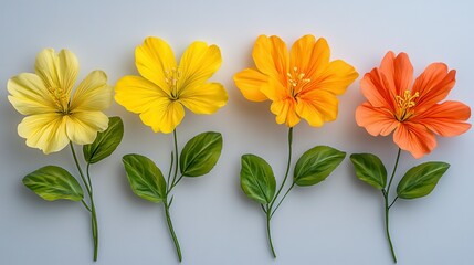 Fototapeta premium A vibrant display of four colorful flowers with green leaves, arranged in a row against a soft backdrop.