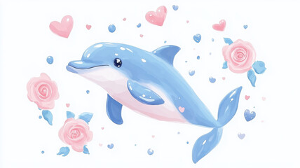 Fototapeta premium Cute dolphin swimming among pink hearts and roses, evoking joy and playfulness