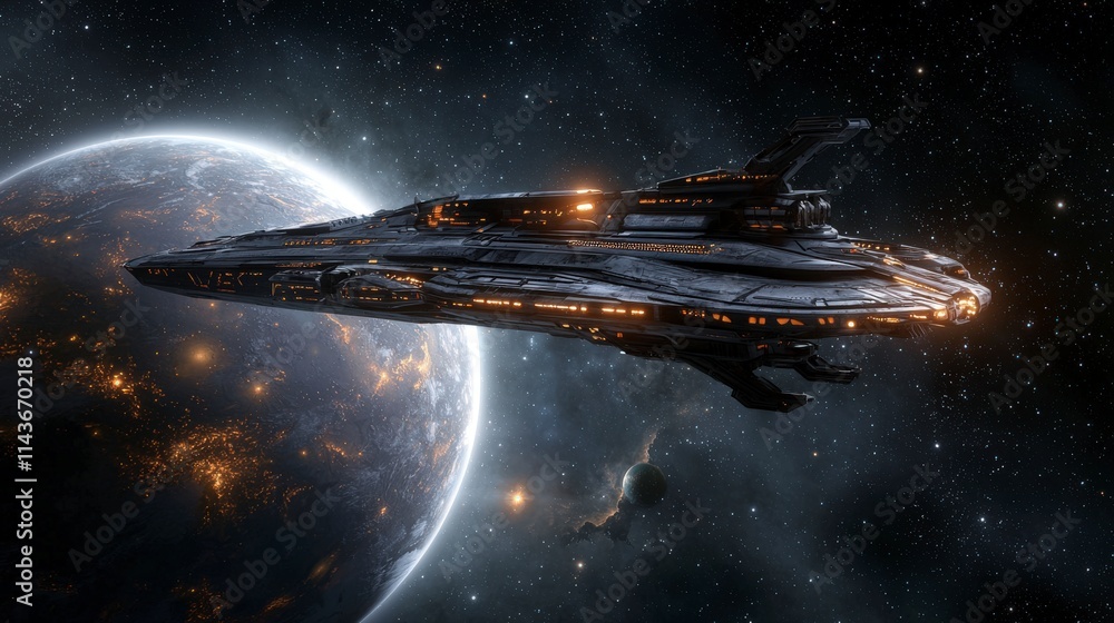 Aufkleber futuristic spacecraft hovering near distant planet outer space digital art cosmic environment high a